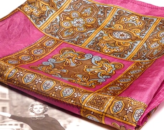 Vintage 1970 Silk Scarf Pink Gold Blue Paisley like pattern