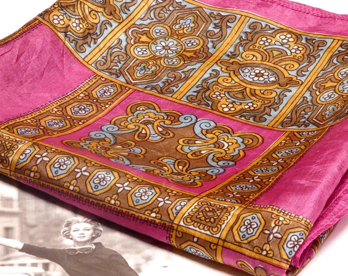 Vintage 1970 Silk Scarf Pink Gold Blue Paisley like pattern