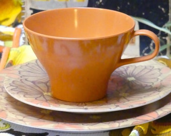 Vintage Retro 1970s Cup Saucer and Plate Trio Bessemer Orange Flower Power Plastic Retro Picnic Ware Tea Cup