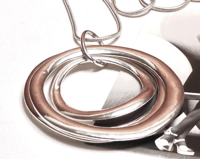 Vintage 1970 Mod Necklace Silver Tone Metal 3 Circle Sacred Geometry Pendant on Long Chain Statement Necklace