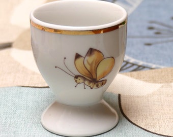 Vintage 1980s  Egg Cup Chodziez Painted Gold Butterfly Childrens Polish Ceramic Collectable Childs Gift