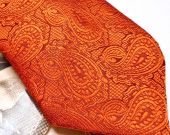 Vintage Mans Neck Tie 1970s Retro Orange and Gold Self Patterned Pattern Paisley Australian Vintage