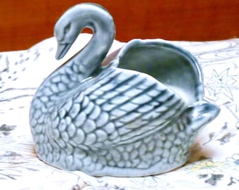 Vintage 1950 Bone China Swan Trinket Dish, Blue Trim