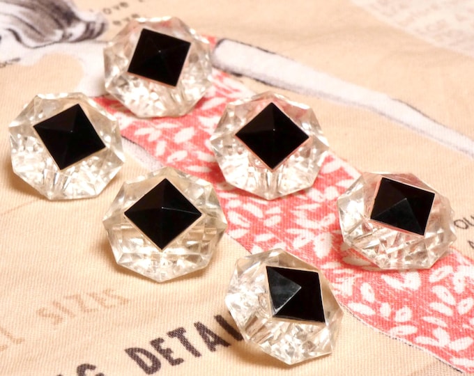 Vintage MCM 1950 Button Collection 6 Plastic Clear and Black Coloured Shank Buttons