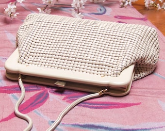 Vintage 1960s Mid Century Modern Authentic Glomesh Handbag Beige Almond Tone Mesh With Cream Bakelite Frame and Snake Chain Handle