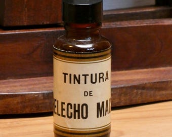 Vintage 1950s Amber Glass Apothecary POISON Medicine Bottle Very Rare Apothecary Label reading 'Tintura De Helecho Macho Bakelite Top