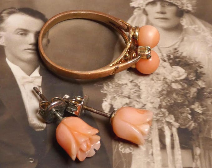 Antique Gold Coral Ring Blue Aquamarine Stones and Carved Coral Rose Earrings Wedding Jewellery Set