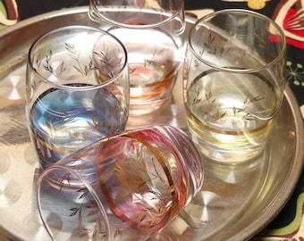 Vintage MCM Gin Cocktail Glasses Set Four Gold Botanical Pattern with Rainbow Pastel Coloured Glass Bases Vintage 1950s Retro Cocktail Party