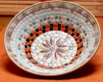 Vintage 1970s Fruit Bowl Retro Hand Crafted Mosaic Large Tiled Table Center Piece Maroon and Orange and Blues