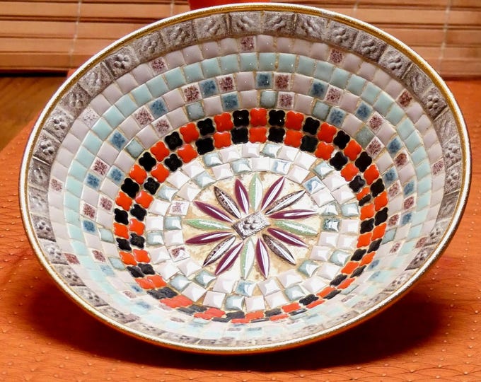 Vintage 1970s Fruit Bowl Retro Hand Crafted Mosaic Large Tiled Table Center Piece Maroon and Orange and Blues