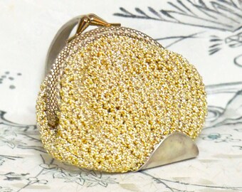 Vintage 1960s Coin Purse Mid Century Modern Gold Lurex Thread Crochet Evening Accessory