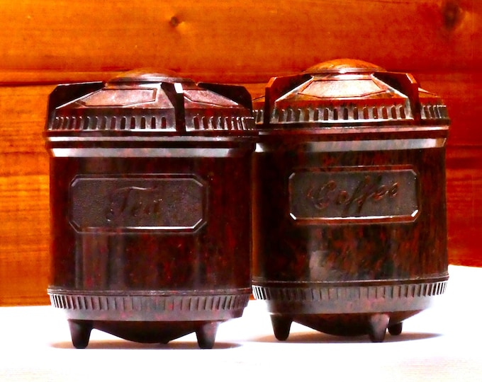Vintage Art Deco Brown Mottled Bakelite Coffee and Tea Caddy Canister set