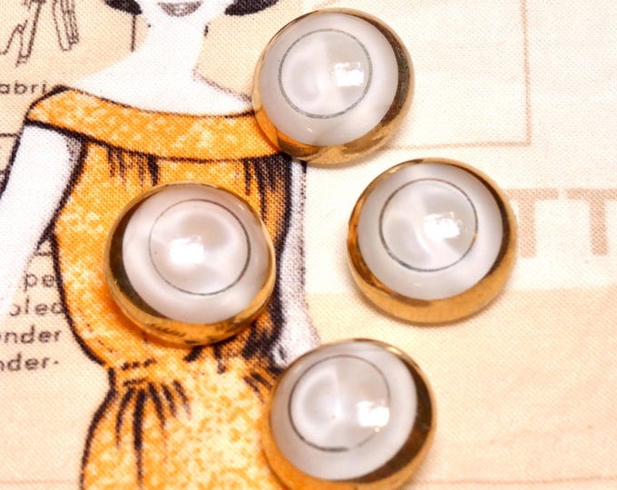Vintage 1960s Milk Glass Dome Shank Dress Buttons with Gold Circle Design