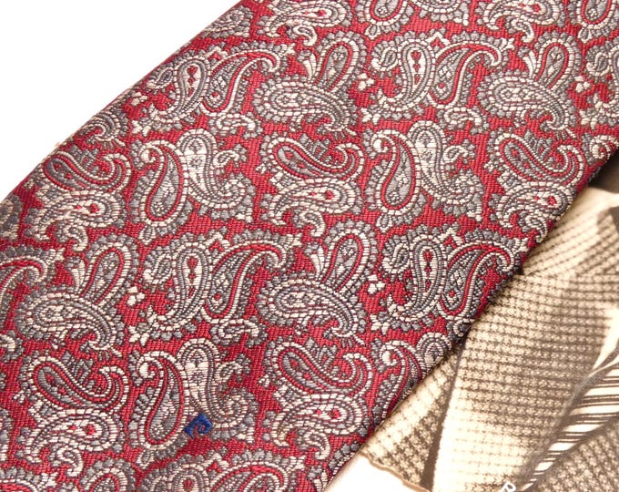 Vintage Mans Neck Tie Maroon 1980s Retro Pierre Cardin Designer Silver Grey Paisley Pattern