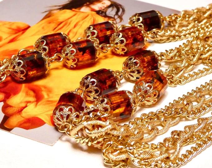 Vintage 1970s Sarah Coventry Necklace "Chinese Golden Lantern" Rope length Chains with Golden Beads