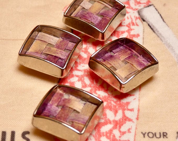 Vintage 1960 Purple Framed Straw Woven Buttons Silver Tone Metal Shank