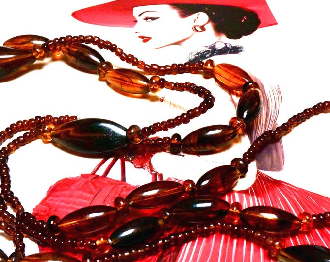 Vintage Amber Brown Plastic Bead Necklace: Long Bohemian Strand