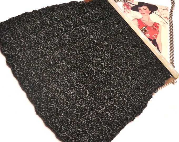 Vintage 1960 Black Crocheted Raffia Handbag, Silver Tone Clasp Chain Handle