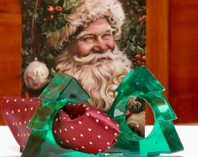 Vintage 1980 Pair of Green Perspex Christmas Tree Shaped Serviette Napkin Rings