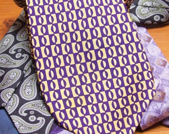 1980s Silk Neck Tie: Retro Gold & Purple Geometric Design