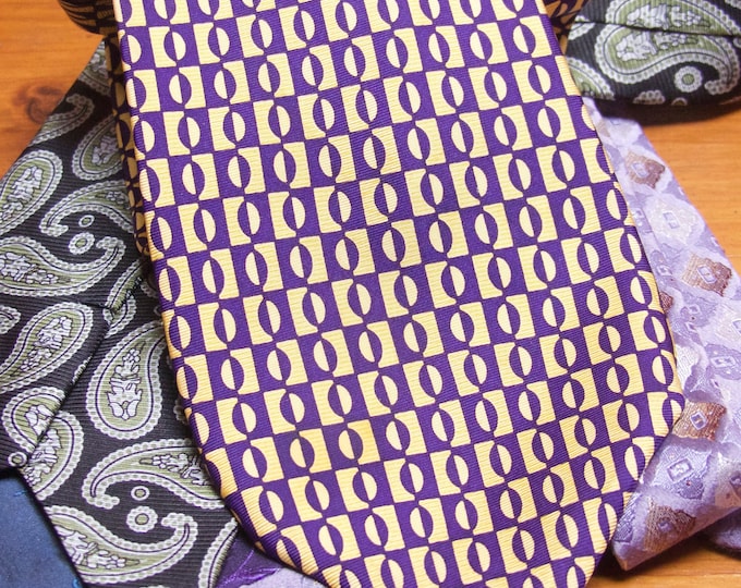 1980s Silk Neck Tie: Retro Gold & Purple Geometric Design