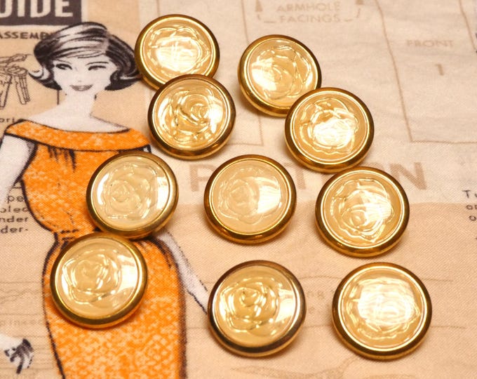 Vintage MCM 1950 Button Collection 10 Plastic Carved Yellow Rose Clear Window Buttons