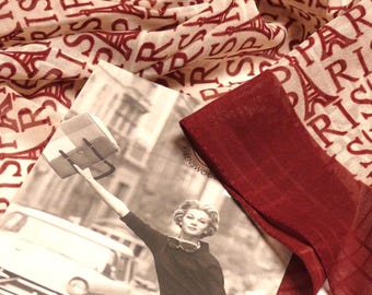 Needs Photos Vintage Retro 1980 Square Scarf Paris Eiffel Tower Designed by 'Patrica' Maroon and Cream Hand Rolled Edges Made in France.
