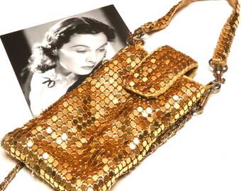 Vintage Retro 1980 Gold Mesh Bag Evening Bag Top Handle or Long Shoulder Chain
