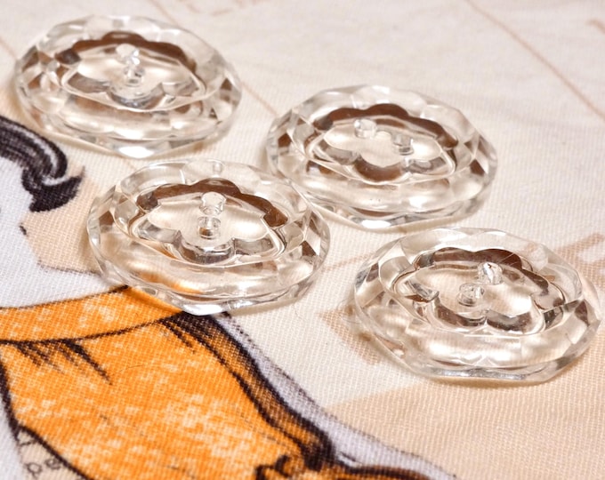 Vintage MCM 1950s Button Collection 4 Glass Clear Coloured Flower Design Buttons