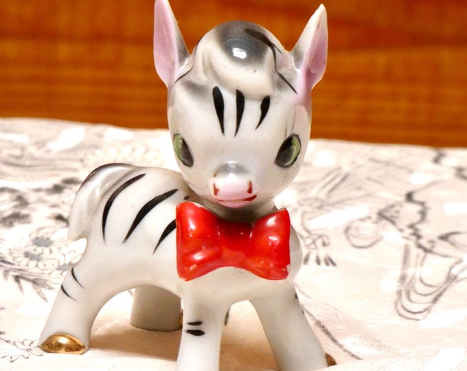 Vintage 1950 Anthropomorphic Animal Figurine Zebra Bow Tie Kitsch Porcelain Glazed Made in Japan