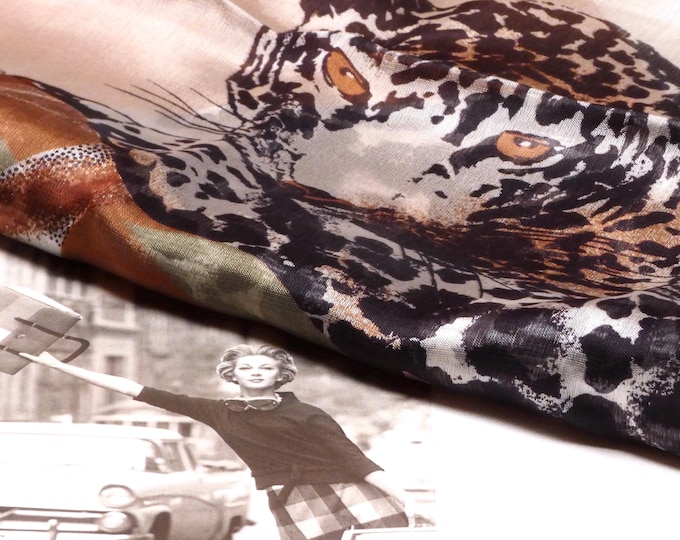 Vintage Retro 1970 Large Scarf Sheer Soft Rayon Nylon Fabric in Brown and Gold Colour Way With Leopard Cats Image