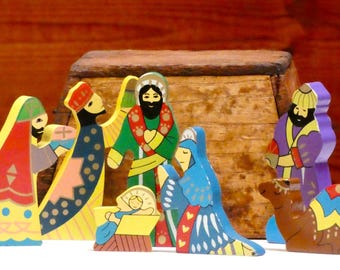 Vintage Childs Christmas Gift Seven Piece Wooden Nativity Set Montessori Imaginative Play