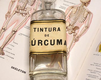 Vintage Clear Glass Apothecary Bottle: Spanish Label, Cork Stopper