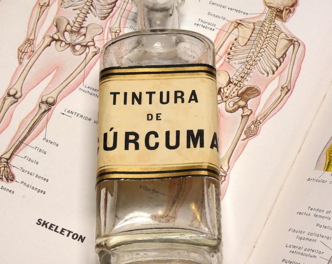 Vintage Clear Glass Apothecary Bottle: Spanish Label, Cork Stopper