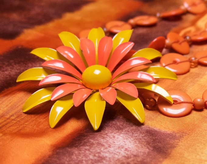 Vintage MCM 1960s Flower Brooch Metal and Enamel Large Boho Bright Orange Sunshine Yellow Daisy Pin Statement Piece Bohemian Flower Power