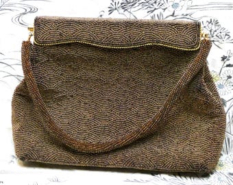 Antique Vintage Beaded Handbag  1930s Art Deco Collectable Chocolate Brown and Gold Glass Seed Beaded 'Snake' Handle