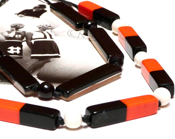 Vintage 1980 Plastic Lucite Statement Necklace Orange and Black Fun Fashion Multi-Media Festival Necklace
