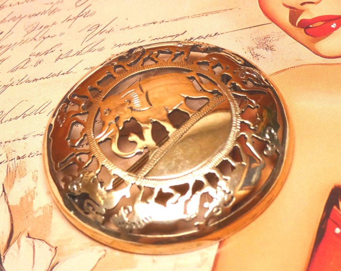 Vintage Early Cut-Work Brass Metal Lucky Elephant Brooch Scarf Pin