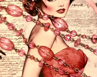 Vintage Crystal Pink Glass Bead Necklace: Long Princess Length Strand