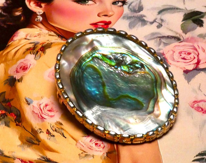 Vintage 70s Mod Abalone Shell Rope Sided Brooch Silver Tone Statement Jewellery
