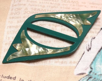 Vintage Art Deco Bakelite Dress Buckle: Olive Green & Pearlized