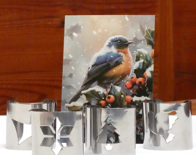Vintage 1980 Set of Four Stainless Steel Seasonal Christmas Serviette Napkin Rings