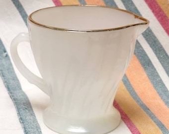 Vintage Retro Creamer Milk Jug 1980 Anchor Hocking USA Fire King White Swirl Ribbed Milk Glass with Gold Rim