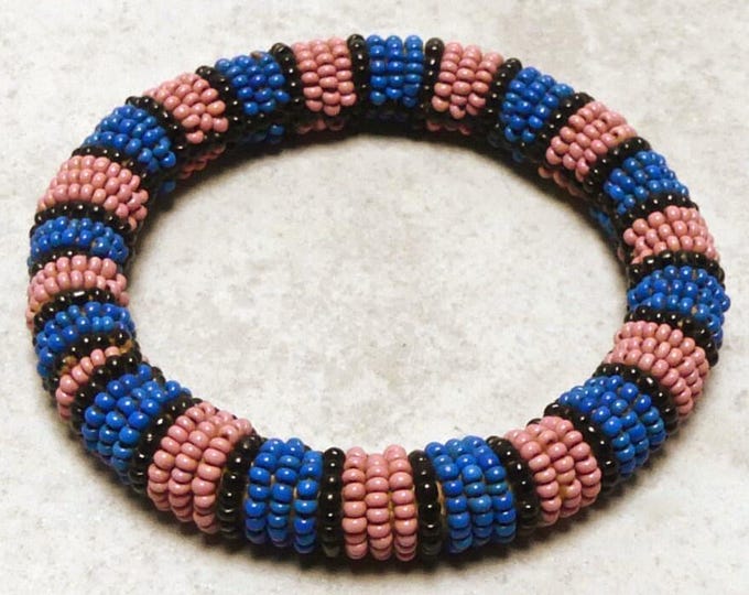 Vintage 1960's Tribal Beaded African Bracelet Pink Black and Blue Glass Beads