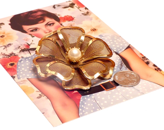 Vintage MCM 1950 Gold Tone Mesh Flower Brooch Faux Pearl Centre