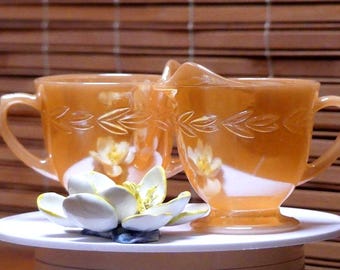 Vintage Fire King Peach Luster Creamer and Sugar Bowl Set: MCM Laurel Leaf