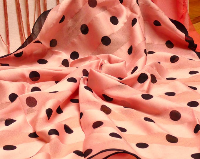 Vintage 80s Polka Dot Scarf: Pink & Black Rayon, Hand-Rolled