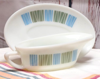 Vintage 1960s Retro JAJ Pyrex Sauce Boat and Saucer Collectable 'Matchmaker' Pattern in Sky Blue and Avocado Green
