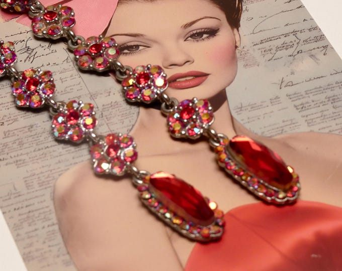 Vintage MCM 1950s Chandelier Drop Earrings Red Aurora Borealis Stones Pierced Earrings