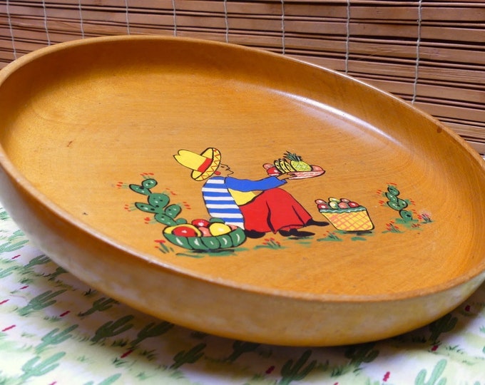 Vintage 1970s Serving Plate Bowl Teak Wooden With Hand-Painted Mexican Man In Sombero Retro Serving Ware Party Tableware